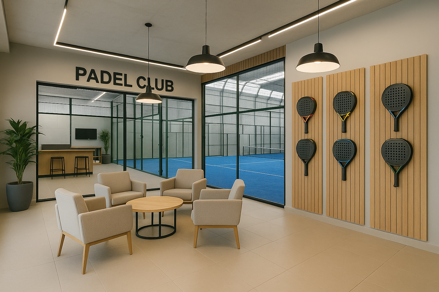 Zona de exposición en tienda de pádel moderna con soportes para palas y accesorios Shelf2000.es